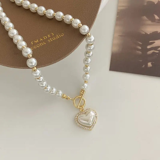 ✨ Elegant Pearl Heart Pendant Necklace – Korean Style Luxury Chain 🔷 عقد أنيق بلؤلؤ صناعي مع تعليقة قلب – تصميم فاخر كوري للنساء والبنات