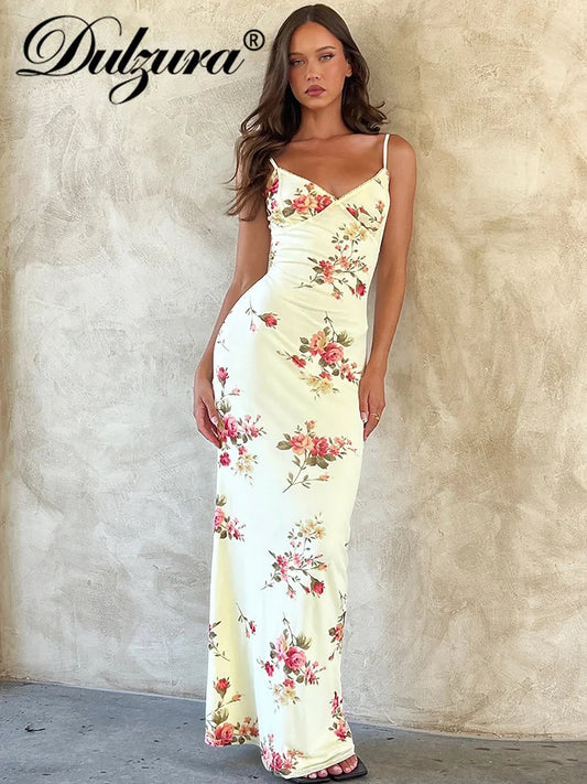 💃 Dulzura Sexy Y2K Floral Maxi Dress 👗 – Sleeveless, Backless Bodycon Dress for Women | فستان ماكسي نسائي بألوان زهرية – بدون أكمام ومكشوف الظهر بتصميم ضيق لأناقة السهرة