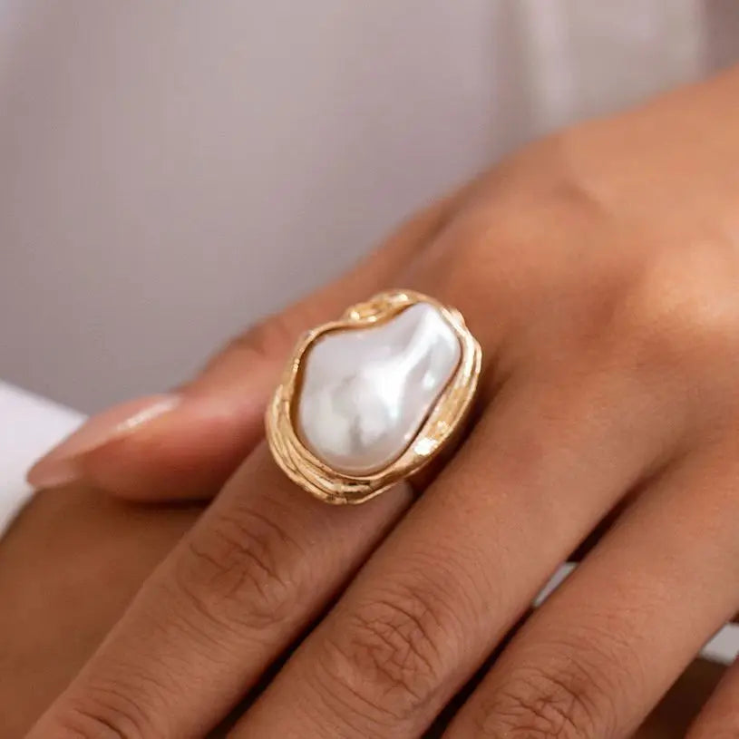 ✨ PuRui Semi-Baroque Pearl Adjustable Ring – Punk Aesthetic Wedding Jewelry 🔷 خاتم بيرل ستايل بانك بحبة لؤلؤ شبه باروكية – تصميم مفتوح قابل للتعديل للزفاف والمناسبات