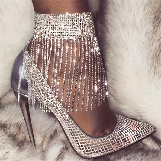 ✨ Full Rhinestone Tassel Adjustable Anklet for Women 💎 – Crystal Foot Chain Jewelry with Cheville Bracelet | خلخال نسائي مزين بكريستال ورشاشات – سلسلة قدم قابلة للتعديل مع إسورة كاحل