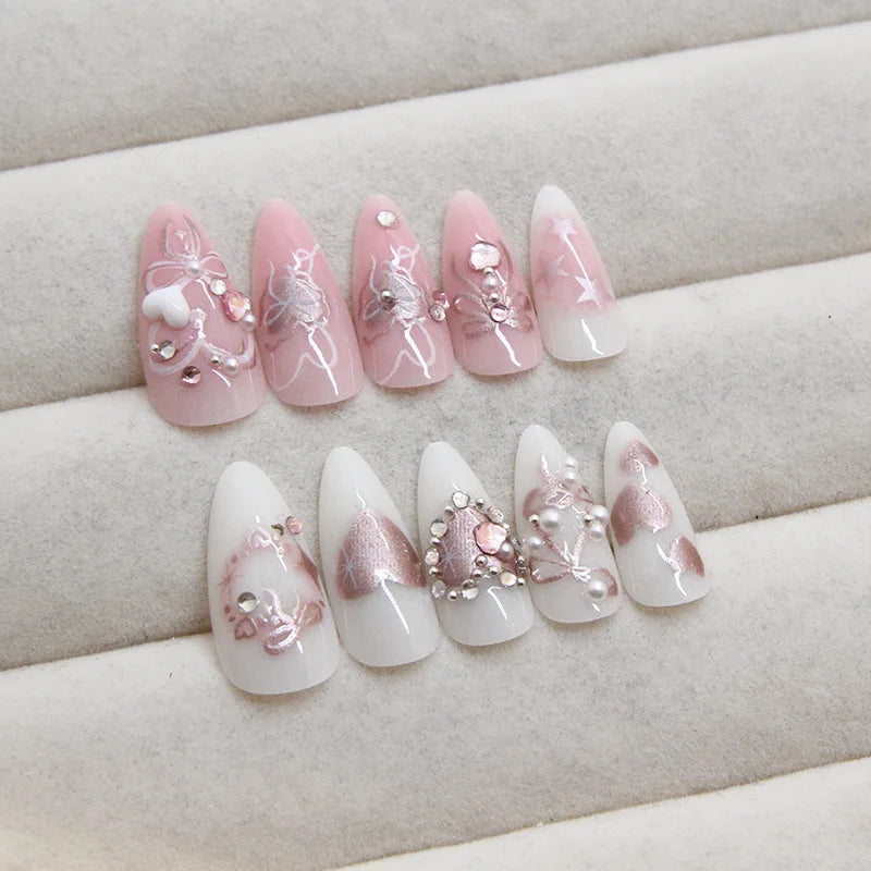 24pcs Sweet Detachable False Nails with Bowknots & Pearls – أظافر صناعية فاخرة قابلة للفك مزينة بفيونكات ولؤلؤ
