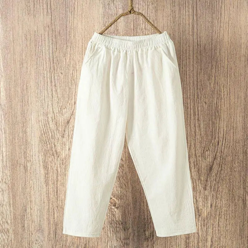 🌞 Women’s Cotton-Linen Harem Pants 👖 – Summer Loose Casual 9/10 Length Trousers with Elastic Waist | بنطال نسائي حريم صيفي واسع – قطن وكتان بخصر مطاطي وقصة 9/10 مريحة وأنيقة