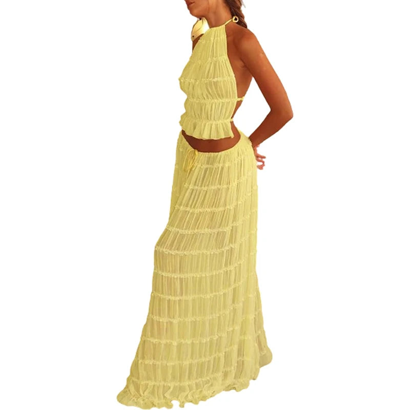 ๐บ Boho Backless 2-Piece Summer Set โ Ruched Halter Top & Maxi Skirt | ุทูู
ูุณุงุฆู ุจููู ุตููู ูุทุนุชูู โ ุชูุจ ูุงูุชุฑ ู
ูุดูู ุงูุธูุฑ + ุชููุฑุฉ ุทูููุฉ ุฃูููุฉ