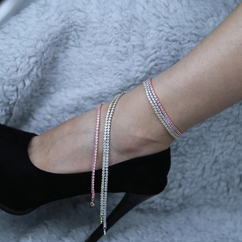 3mm CZ Tennis Chain Anklet – Iced Out Bling Foot Jewelry for Girls & Women | خلخال تنس مرصع بكريستالات CZ 3 ملم – إكسسوار ساق لامع لصيف 2025 للنساء والفتيات