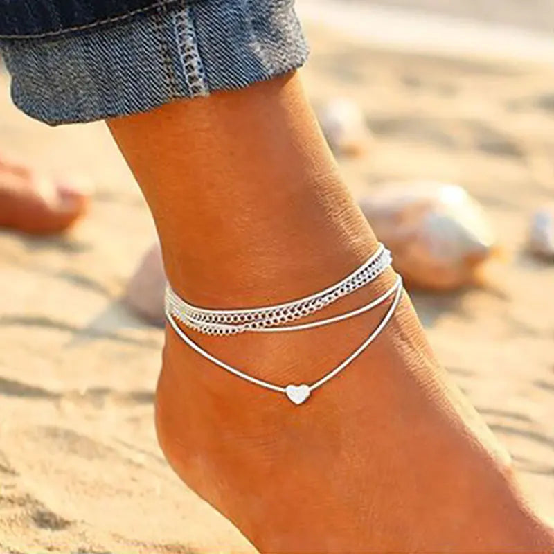 ✨ Simple Heart Barefoot Anklet Sandals – Crochet Leg Chain Foot Jewelry 🔷 خلخال بسيط بشكل قلب – صنادل كروشيه بدون حذاء على القدم مزينة بسلسال للنساء