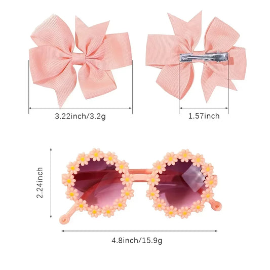 🌸 3Pcs Kids Retro Accessories Set – Cheer Bow Hairclips + Flower Sunglasses + Hairgrip | طقم إكسسوارات أطفال 3 قطع – فيونكات شعر + نظارات شمسية ريترو + مشبك بناتي