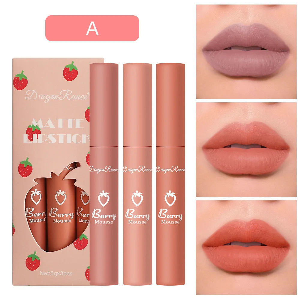 3-Piece Strawberry Velvet Matte Lip Glaze Set โ Non-Stick Cup Liquid Lipstick | ุทูู
3 ูุทุน ู
ู ู
ูู
ุน ุดูุงู ู
ุฎู
ูู ุจุทุนู
ุงููุฑุงููุฉ โ ุฑูุฌ ุณุงุฆู ู
ุทูู ูุง ููุทุฎ ุงูููุจ
