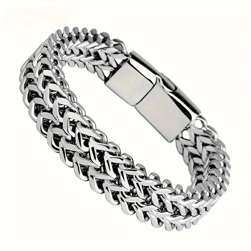✨ Braided Stainless Steel Double-Row Fish Scale Bracelet – Magnetic Buckle & Keel Design 🔷 سوار مزدوج مضفّر من الستانلس ستيل بتصميم قشور السمك ومشبك مغناطيسي – موديل جديد عصري