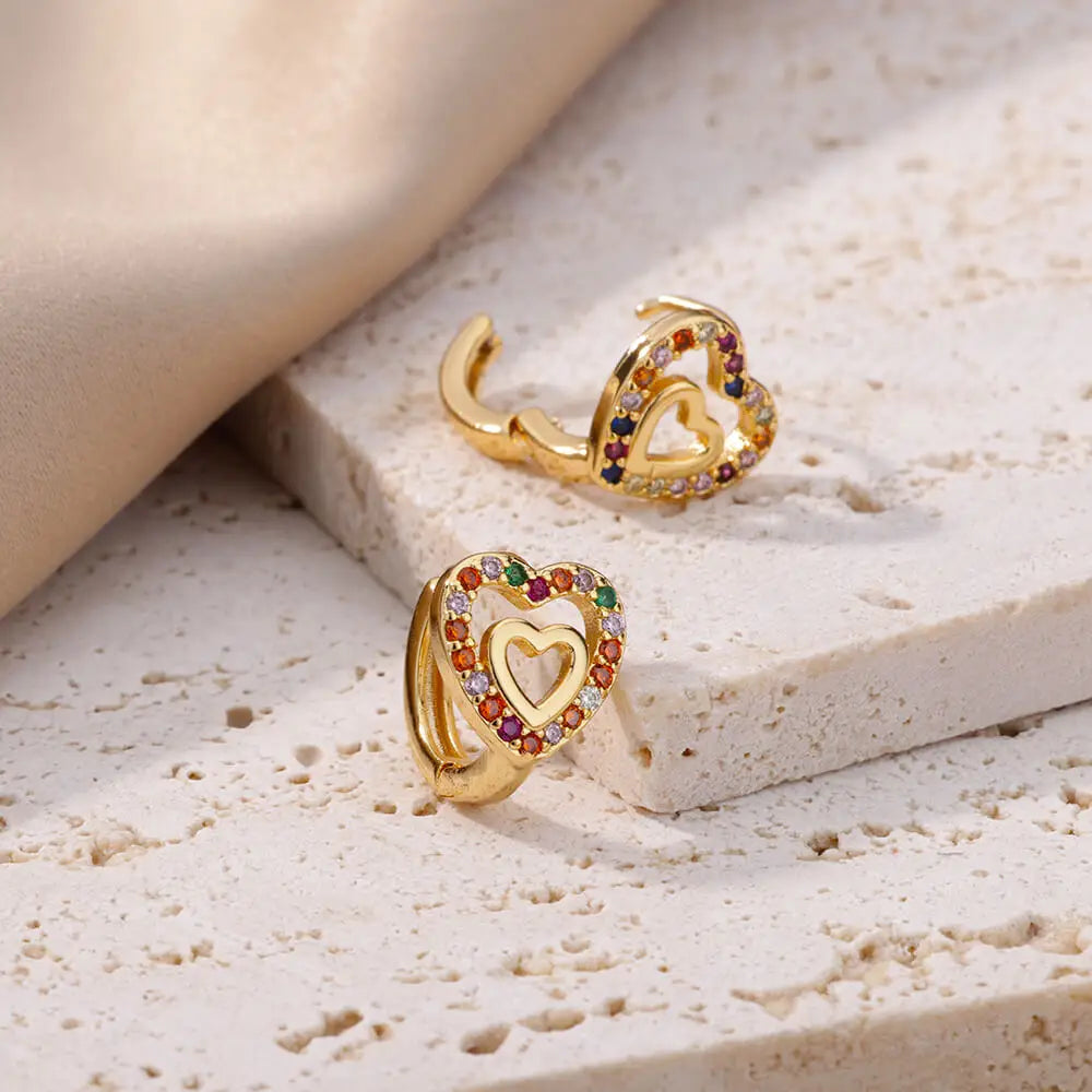 ✨ Hollow Zircon Heart Earrings – Gold Stainless Steel Wedding Jewelry 🔷 أقراط قلب مجوفة مرصعة بالزركون – ستانلس ستيل ذهبي فاخر للنساء والمناسبات