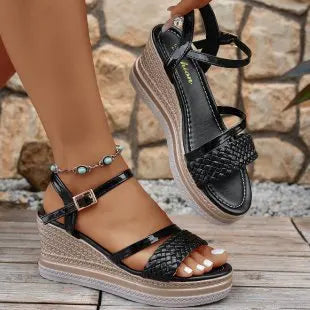 2025 Women’s Wedge Platform Sandals – Open Toe High Heel Dress Shoes with Buckle Strap | صندل نسائي بكعب عالي سميك ومقدمة مفتوحة – منصة صيفية أنيقة بإبزيم جانبي لموسم 2025