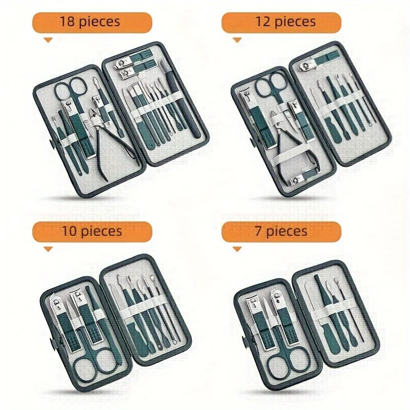 Professional 7/10/12/18-Piece Stainless Steel Nail Care Kit – Manicure & Pedicure Travel Set with Case | طقم عناية بالأظافر احترافي 7/10/12/18 قطعة من الستانلس ستيل – مانيكير وباديكير مع حقيبة سفر
