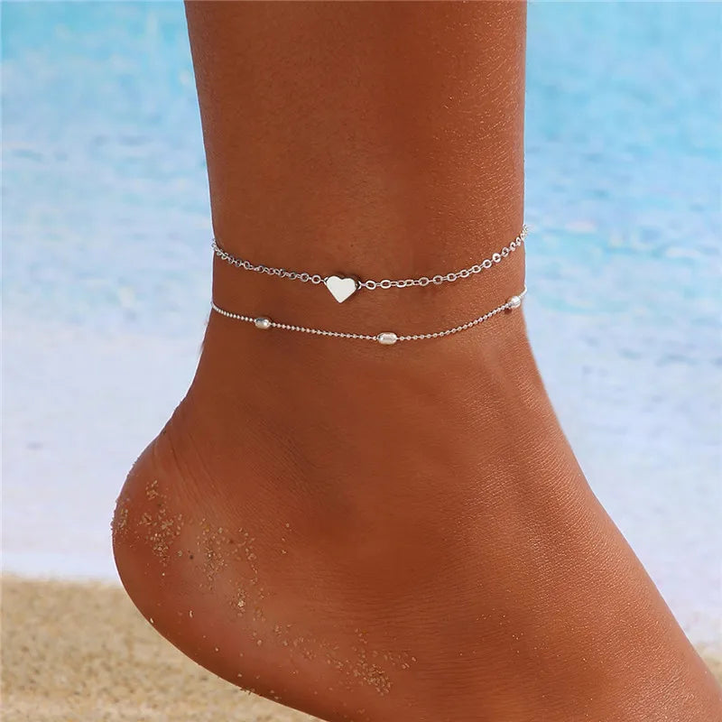 ✨ Simple Heart Barefoot Anklet Sandals – Crochet Leg Chain Foot Jewelry 🔷 خلخال بسيط بشكل قلب – صنادل كروشيه بدون حذاء على القدم مزينة بسلسال للنساء