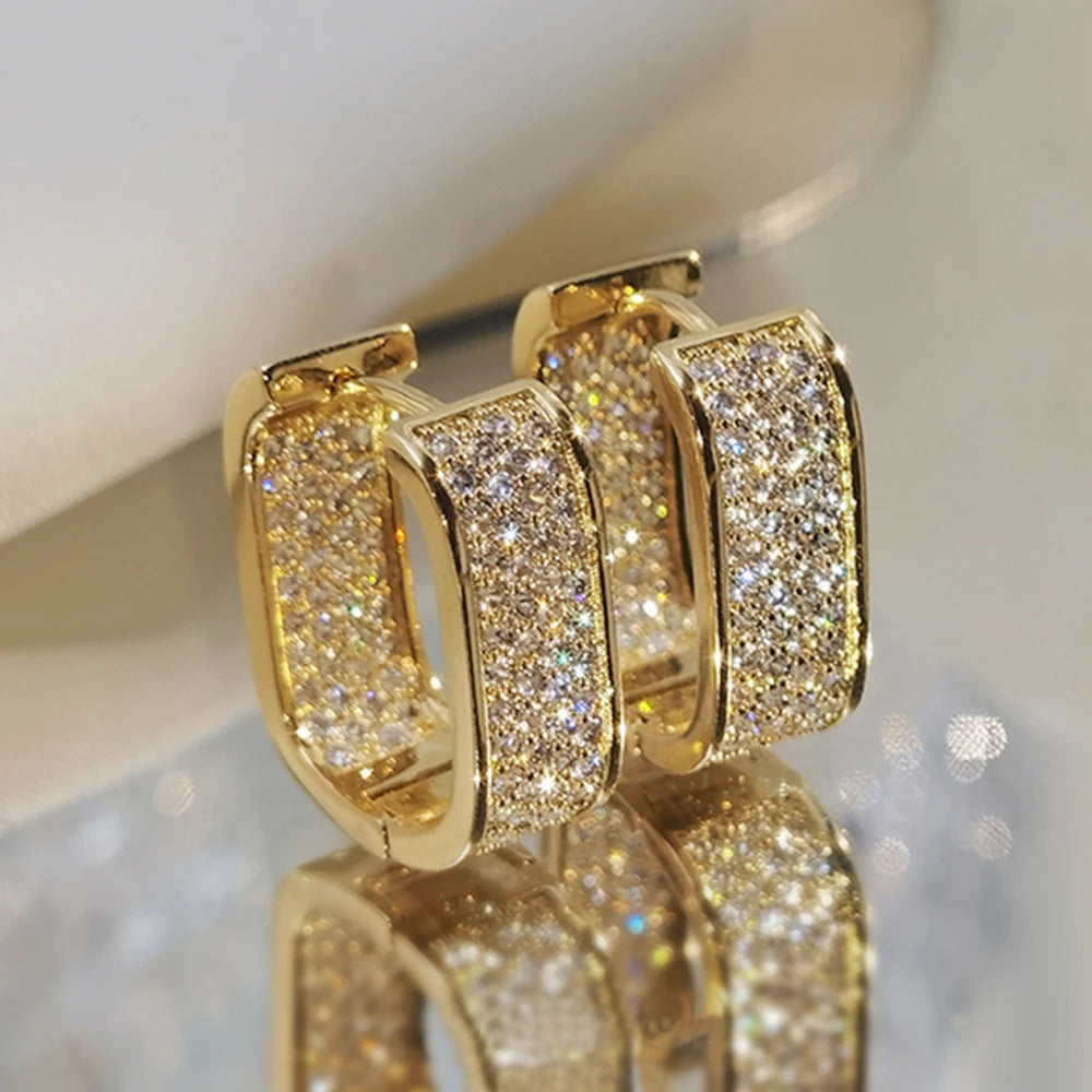 ✨ Huitan Korean CZ Paved Hoop Earrings – Gold/Silver Simple Fashion Jewelry 🔷 أقراط هويتان الكورية بحلقات مرصعة بالزركون – بلون ذهبي أو فضي، تصميم بسيط وأنيق