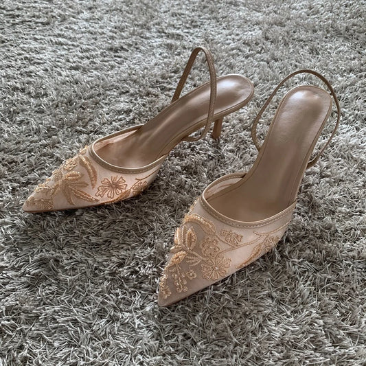 Women’s Embroidered Mesh Beaded High Heel Mules – Elegant Pointed Toe Slingback Fashion Sandals | صندل نسائي بكعب عالي مطرّز من الشيفون – أنيق مع خرز وخيط وتصميم مفتوح من الخلف بطرف مدبب