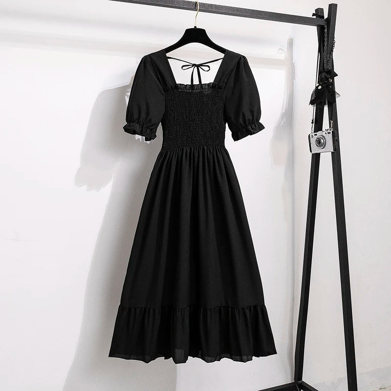 🌸 Spring/Summer Pleated Chiffon Dress for Women 👗 – Elastic Waist Casual Short Sleeve A-Line Dress | فستان شيفون نسائي مزموم – خصر مرن، أكمام قصيرة، وقصة A كلاسيكية لصيف وربيع مريح وأنيق