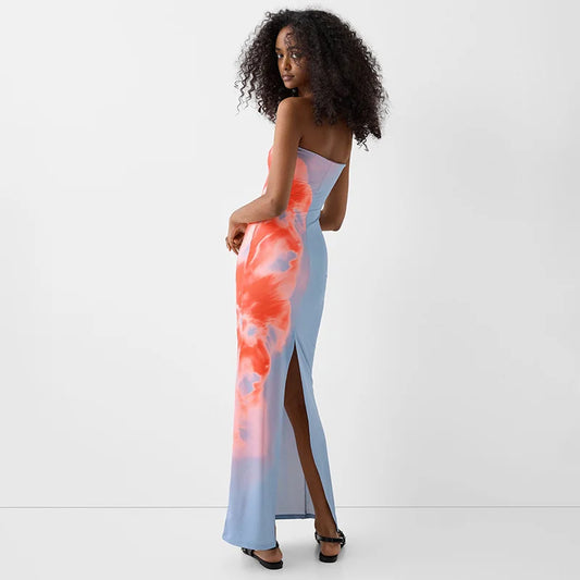 🔥 Strapless Printed Tube Maxi Dress for Women 👙 – Backless Off-Shoulder Y2K Summer Beach Dress | فستان ماكسي نسائي بدون أكتاف – تصميم صيفي مطبوع مكشوف الظهر بأسلوب Y2K