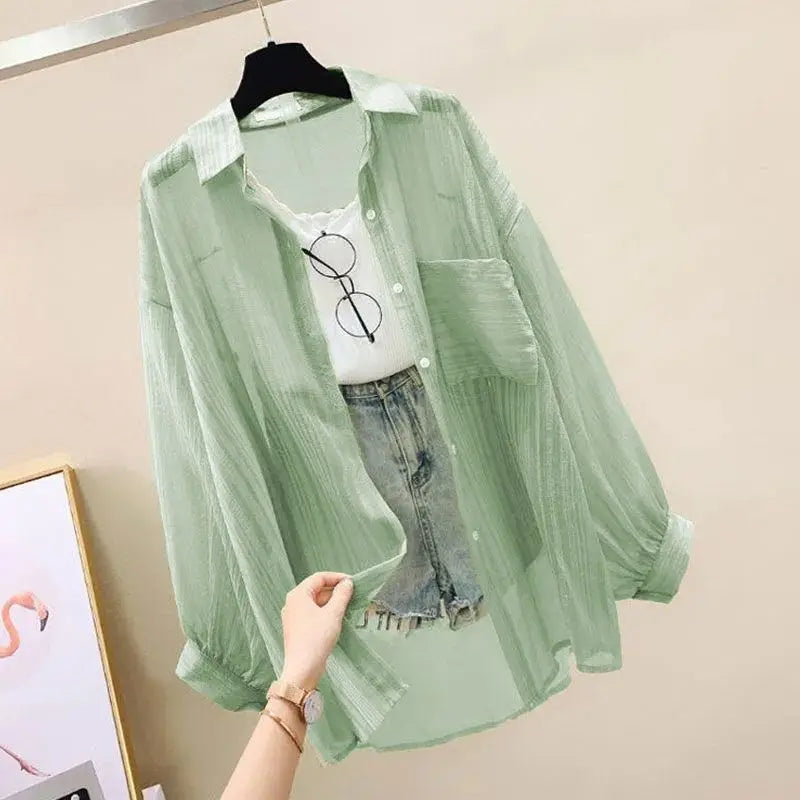 ☀️ Summer Sheer Chiffon Sunscreen Blouse 👒 – Elegant Loose See-Through Korean Cardigan for Women | بلوزة صيفية شيفون خفيفة وشفافة – كارديغان واسع أنيق لحماية الشمس بإطلالة كورية