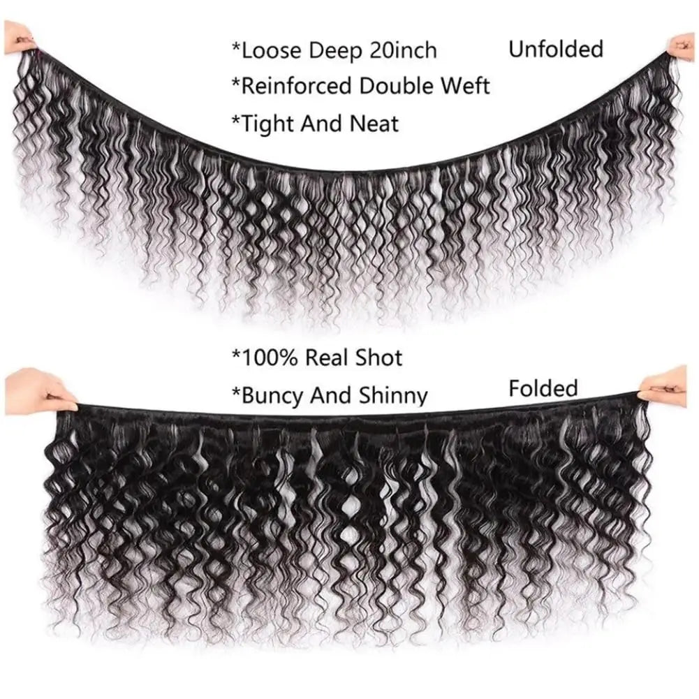 Loose Deep Wave Human Hair Bundles – 3 Unprocessed Natural Black Bundles (22", 24", 26") | خصلات شعر طبيعي مموج Loose Deep – 3 حزم من الشعر غير المعالج بطول 22، 24، 26 بوصة، باللون الأسود الطبيعي