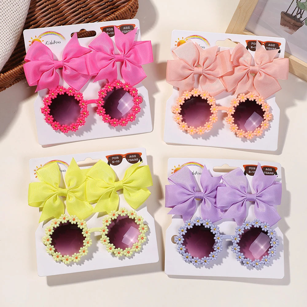 🌸 3Pcs Kids Retro Accessories Set – Cheer Bow Hairclips + Flower Sunglasses + Hairgrip | طقم إكسسوارات أطفال 3 قطع – فيونكات شعر + نظارات شمسية ريترو + مشبك بناتي