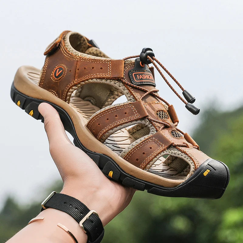 Men’s Summer Leather Sandals – Breathable Outdoor Roman-Style Casual Shoes for Beach & Daily Wear | صنادل رجالية صيفية من الجلد – بتصميم روماني أنيق ومريح للبحر والمشاوير اليومية