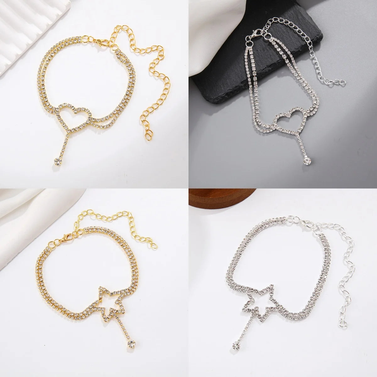 ✨ Boho Tassel Heart Rhinestone Double Layer Star Anklet | خلخال نسائي مزدوج بشرابة وقلب راين ونجوم ✨