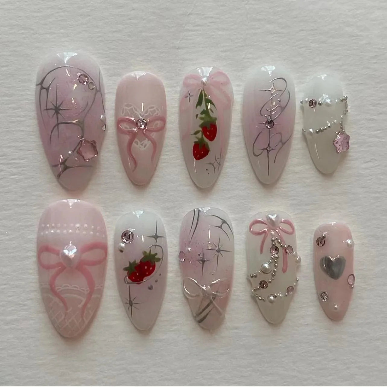 24pcs Sweet Detachable False Nails with Bowknots & Pearls – أظافر صناعية فاخرة قابلة للفك مزينة بفيونكات ولؤلؤ