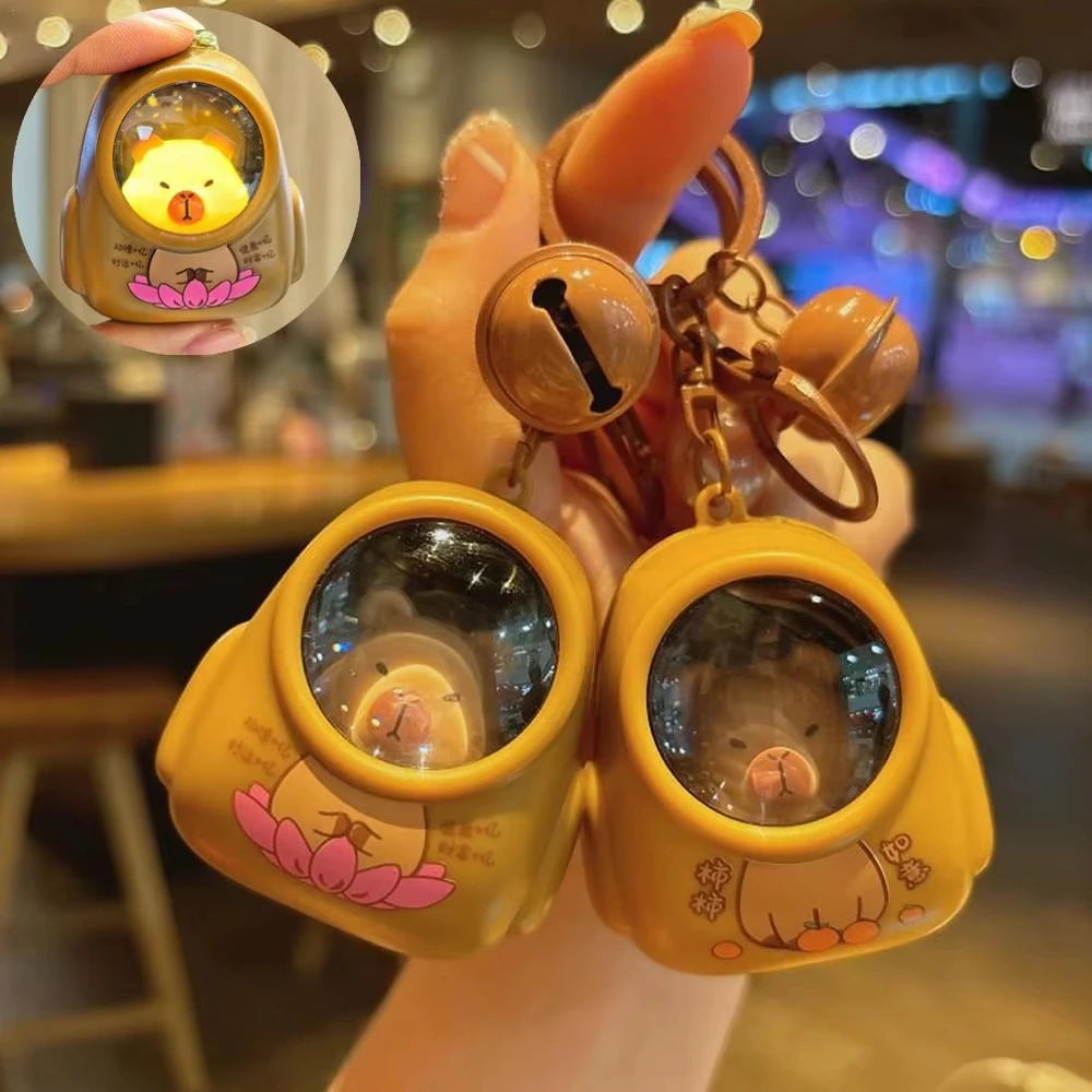 Creative Kapibala Luminous Keychain Cute Cartoon Space Capsule Capybara Keyring Schoolbag Pendant Trinket Friend Gift