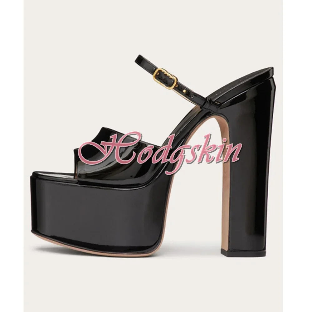 Women’s Shiny Leather Platform Sandals – Chunky High Heel Open-Toe Dress Shoes with Buckle Straps | صندل نسائي لامع بكعب عالي ومنصة سميكة – مقدمة مفتوحة مع أحزمة وإبزيم لإطلالة أنيقة وفاخرة