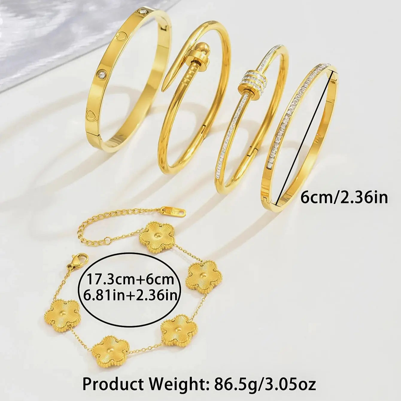 UILZ Stainless Steel Lucky Four-Leaf Clover Bracelet – Fashion Gold Nail Bangle for Women | سوار نسائي فاخر من الفولاذ المقاوم للصدأ بتصميم مشبك وحظ البرسيم – من UILZ بتصميم عصري ذهبي
