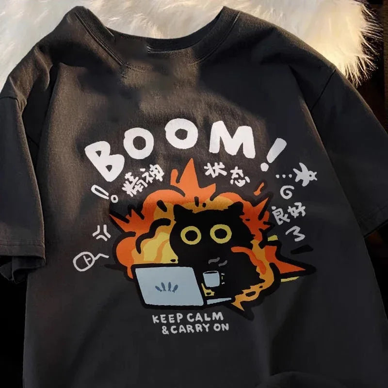 ✨ Kawaii Good Mental State Oversized T-Shirt 👚 – Loose Casual Cartoon Tee for Men & Women Y2K Style | تيشيرت كاجوال كاوايي بطبعة أنيمي – قميص فضفاض للجنسين بأسلوب Y2K