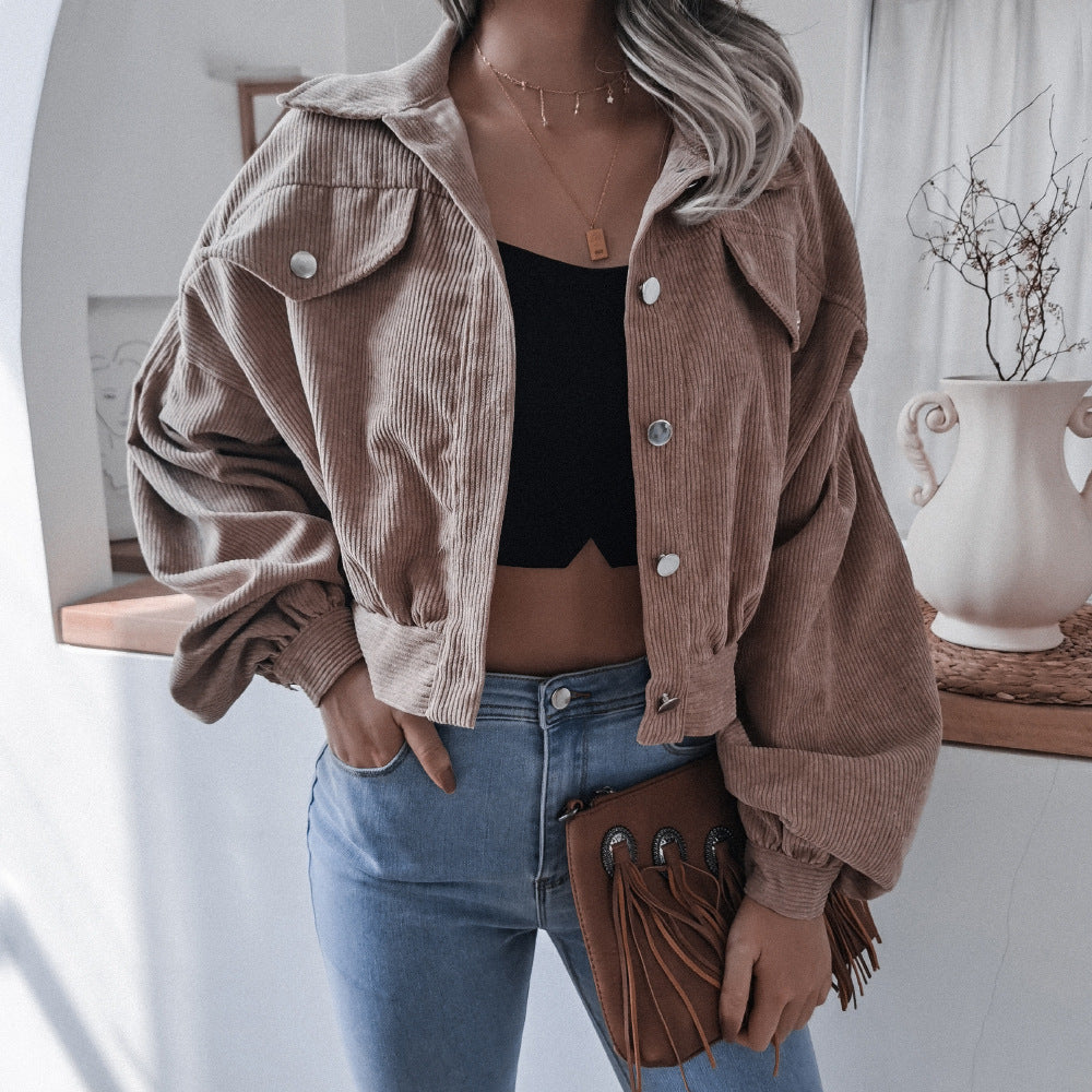 Autumn Winter Corduroy Short Coat Solid Turn-Down Collar Lantern Long Sleeve Jacket Single Breasted Women Clothes Casual