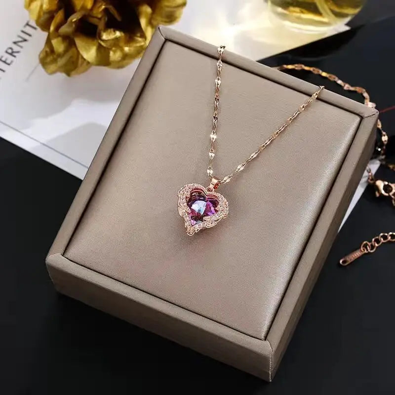 ✨ Ocean Heart Crystal Pendant Necklace – Luxury Colorful Stainless Steel Jewelry 🔷 قلادة قلب المحيط الكريستالية الفاخرة – تصميم ملون من الستانلس ستيل للنساء