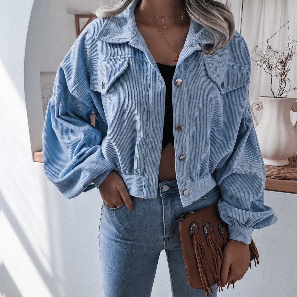 Autumn Winter Corduroy Short Coat Solid Turn-Down Collar Lantern Long Sleeve Jacket Single Breasted Women Clothes Casual