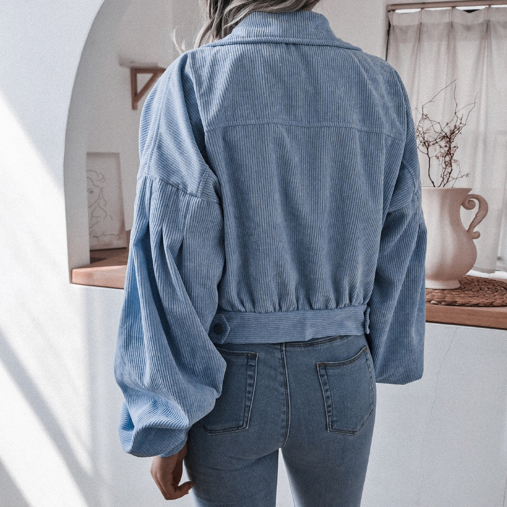 Autumn Winter Corduroy Short Coat Solid Turn-Down Collar Lantern Long Sleeve Jacket Single Breasted Women Clothes Casual
