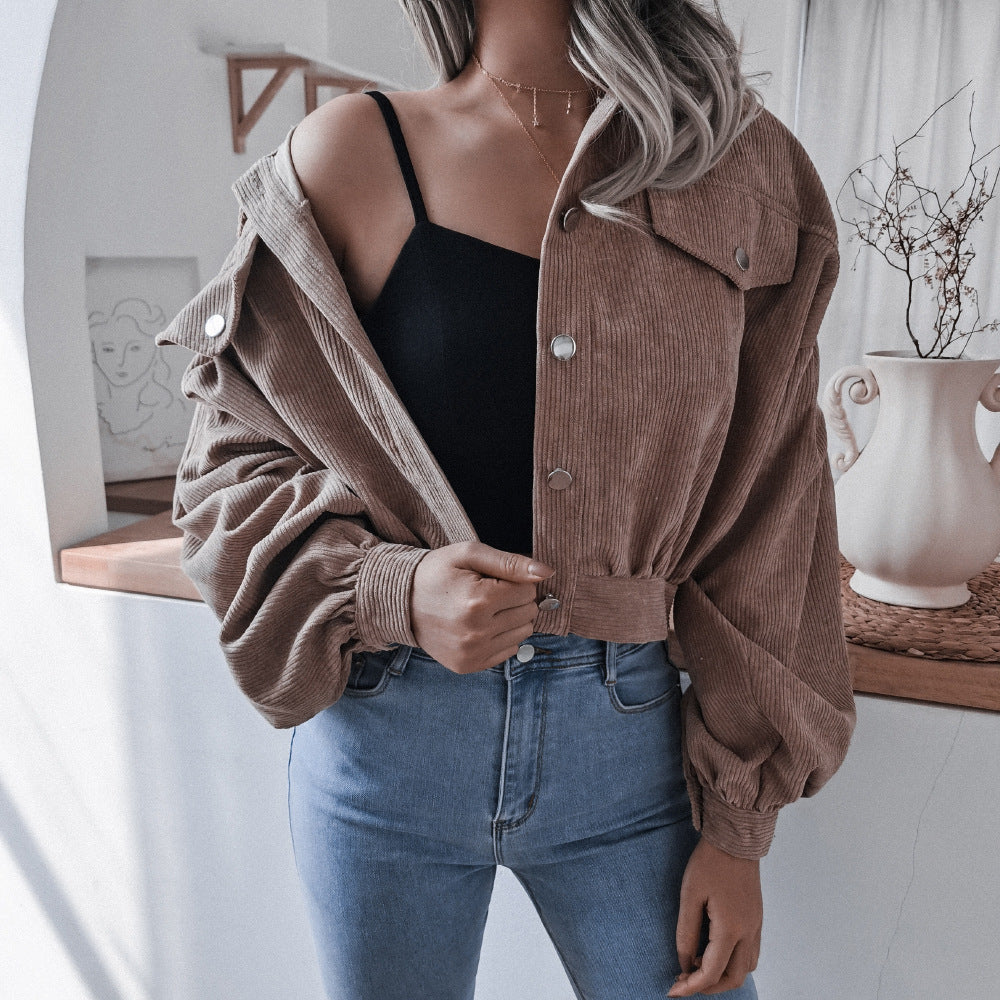 Autumn Winter Corduroy Short Coat Solid Turn-Down Collar Lantern Long Sleeve Jacket Single Breasted Women Clothes Casual