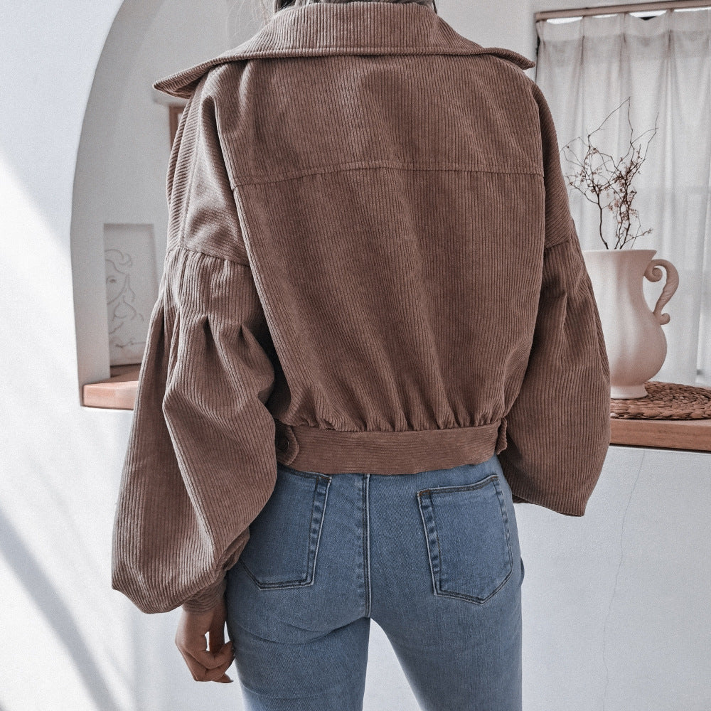 Autumn Winter Corduroy Short Coat Solid Turn-Down Collar Lantern Long Sleeve Jacket Single Breasted Women Clothes Casual