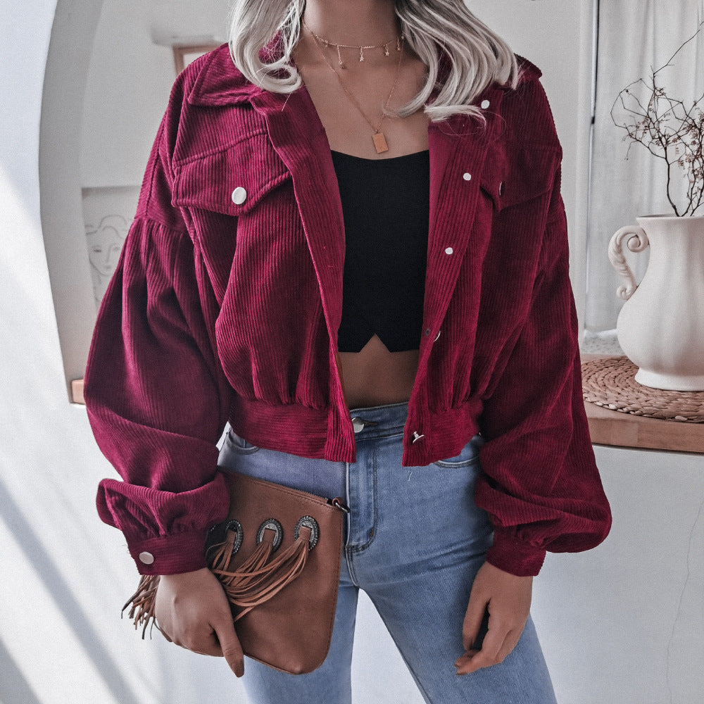 Autumn Winter Corduroy Short Coat Solid Turn-Down Collar Lantern Long Sleeve Jacket Single Breasted Women Clothes Casual