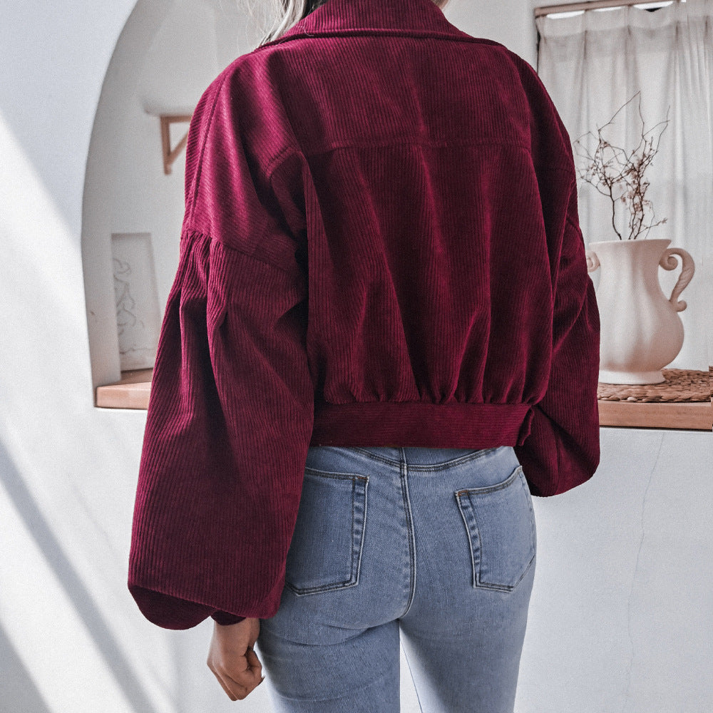 Autumn Winter Corduroy Short Coat Solid Turn-Down Collar Lantern Long Sleeve Jacket Single Breasted Women Clothes Casual