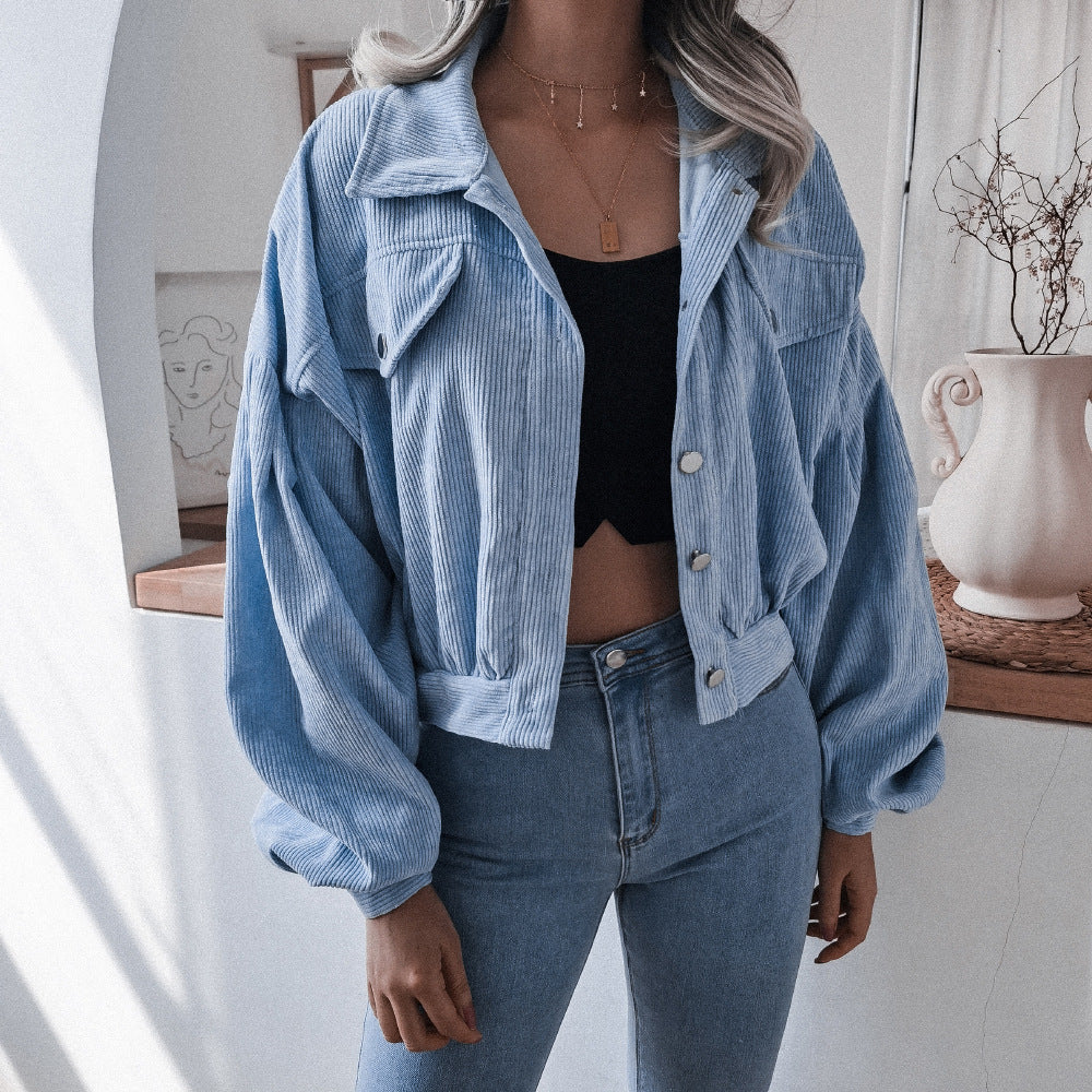 Autumn Winter Corduroy Short Coat Solid Turn-Down Collar Lantern Long Sleeve Jacket Single Breasted Women Clothes Casual