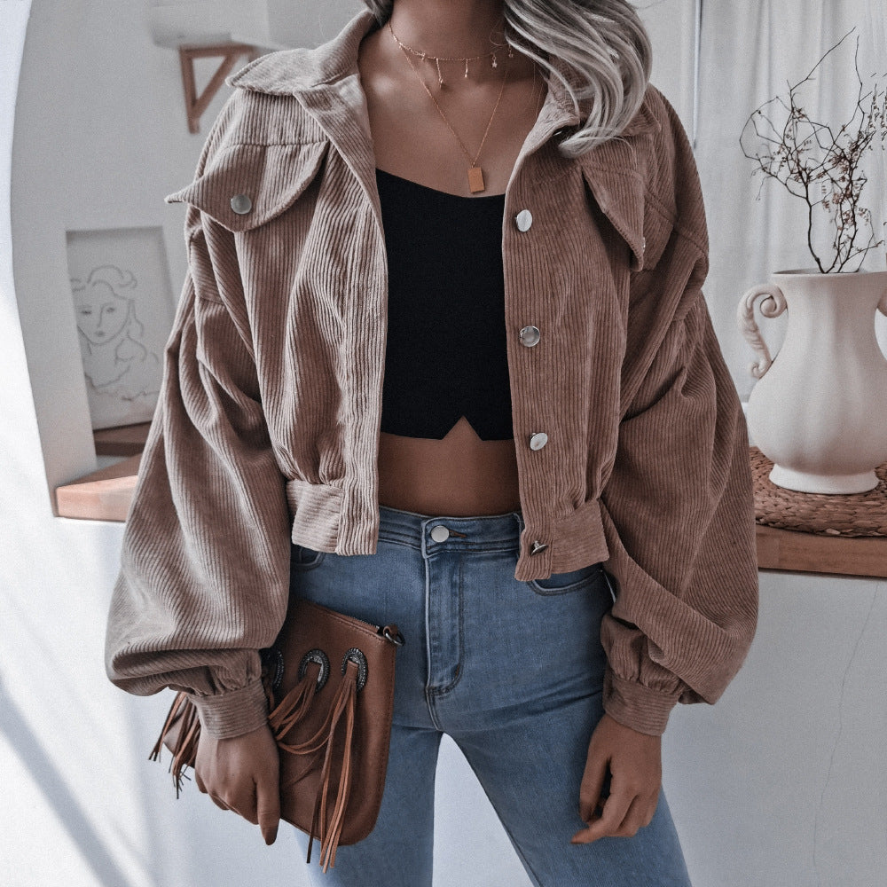 Autumn Winter Corduroy Short Coat Solid Turn-Down Collar Lantern Long Sleeve Jacket Single Breasted Women Clothes Casual