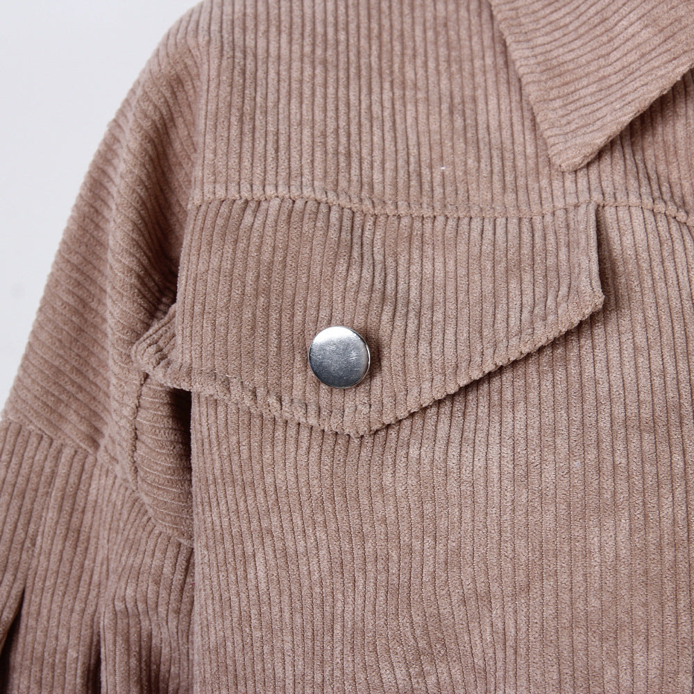 Autumn Winter Corduroy Short Coat Solid Turn-Down Collar Lantern Long Sleeve Jacket Single Breasted Women Clothes Casual