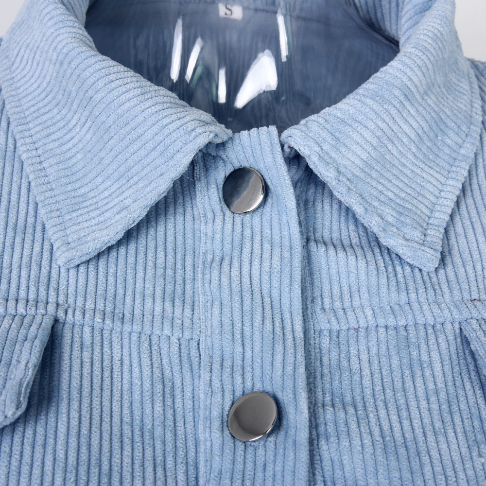 Autumn Winter Corduroy Short Coat Solid Turn-Down Collar Lantern Long Sleeve Jacket Single Breasted Women Clothes Casual
