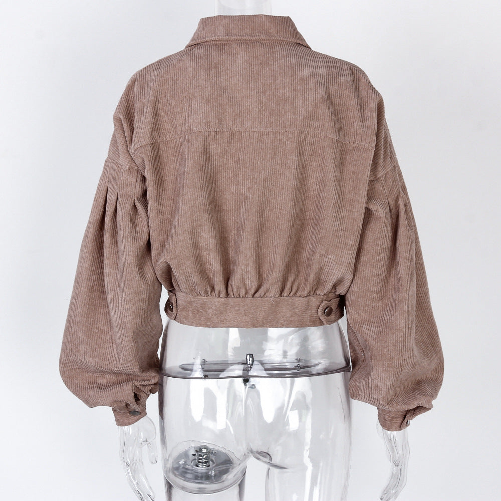 Autumn Winter Corduroy Short Coat Solid Turn-Down Collar Lantern Long Sleeve Jacket Single Breasted Women Clothes Casual