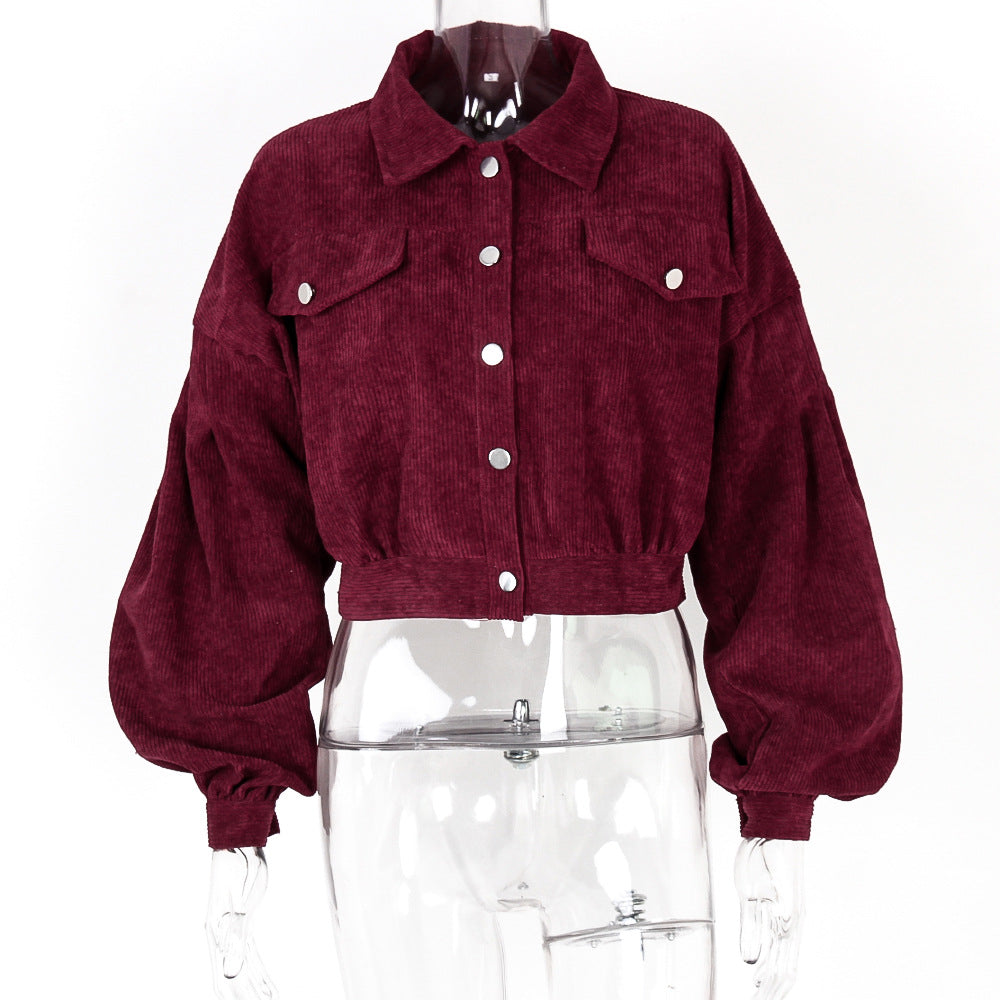 Autumn Winter Corduroy Short Coat Solid Turn-Down Collar Lantern Long Sleeve Jacket Single Breasted Women Clothes Casual