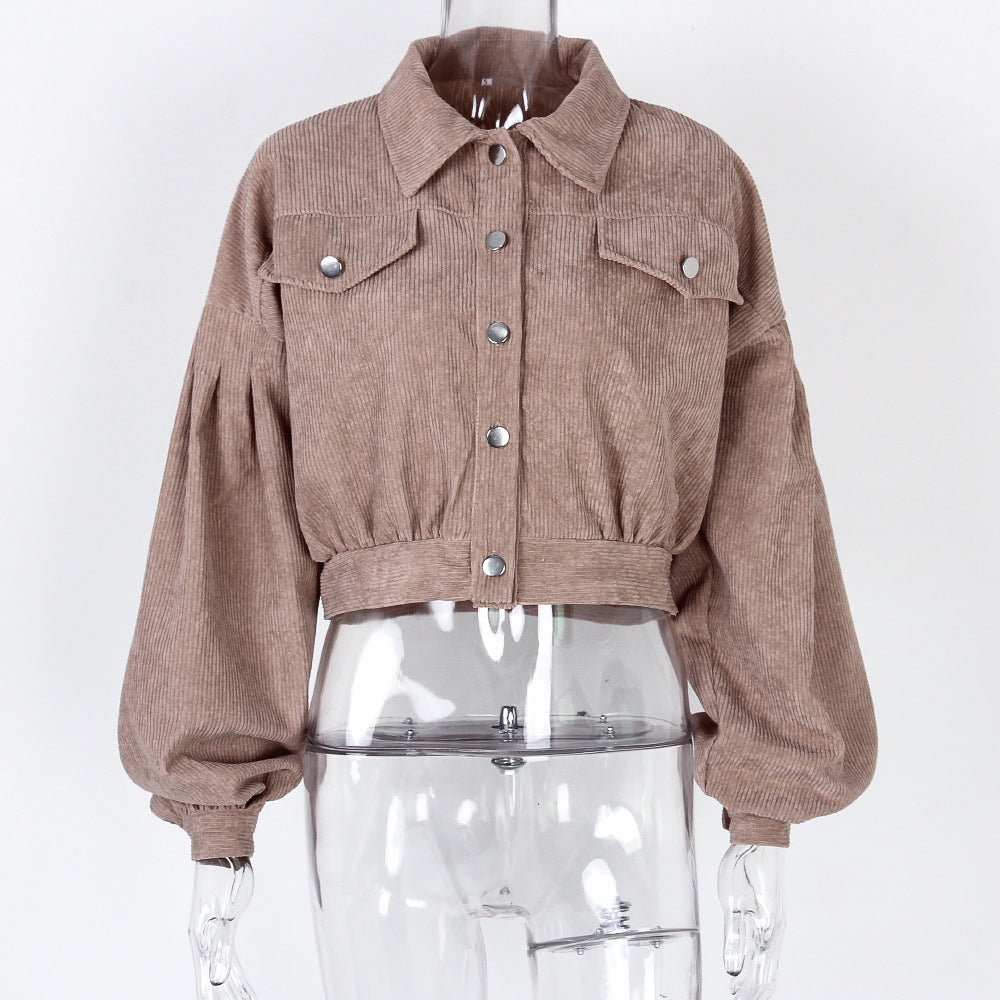 Autumn Winter Corduroy Short Coat Solid Turn-Down Collar Lantern Long Sleeve Jacket Single Breasted Women Clothes Casual