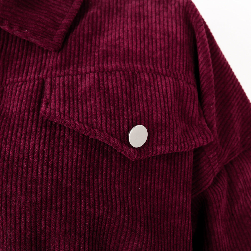 Autumn Winter Corduroy Short Coat Solid Turn-Down Collar Lantern Long Sleeve Jacket Single Breasted Women Clothes Casual