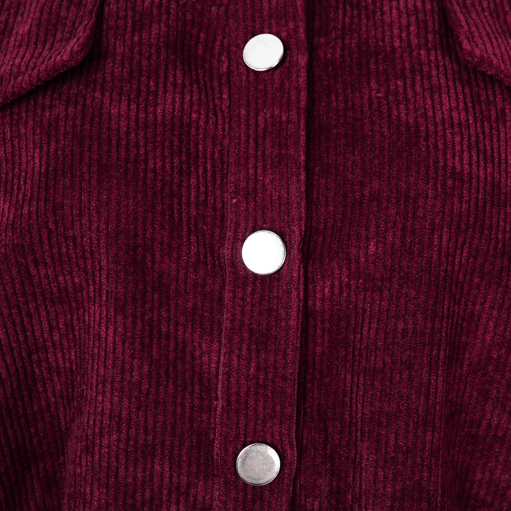 Autumn Winter Corduroy Short Coat Solid Turn-Down Collar Lantern Long Sleeve Jacket Single Breasted Women Clothes Casual