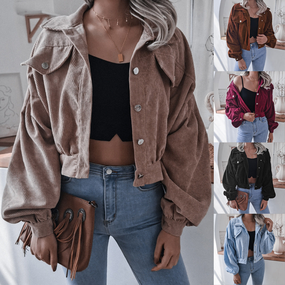 Autumn Winter Corduroy Short Coat Solid Turn-Down Collar Lantern Long Sleeve Jacket Single Breasted Women Clothes Casual