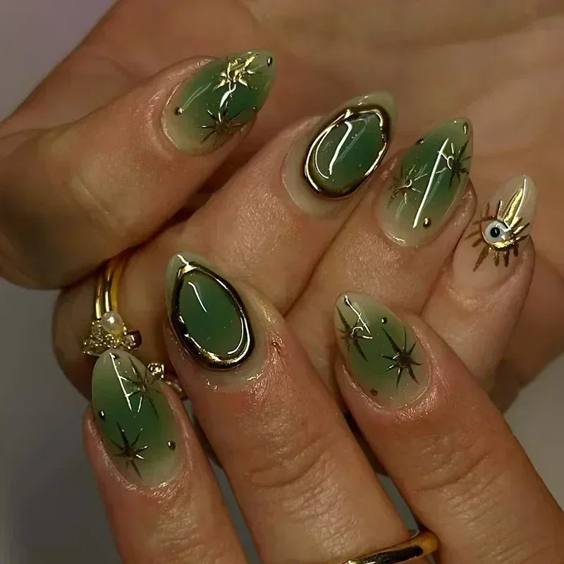 24 قطعة أظافر صناعية بشكل لوزي مع لاصق وديكور فضي – 24Pcs Almond Shape Fake Nails with Glue & Silver Bow Design