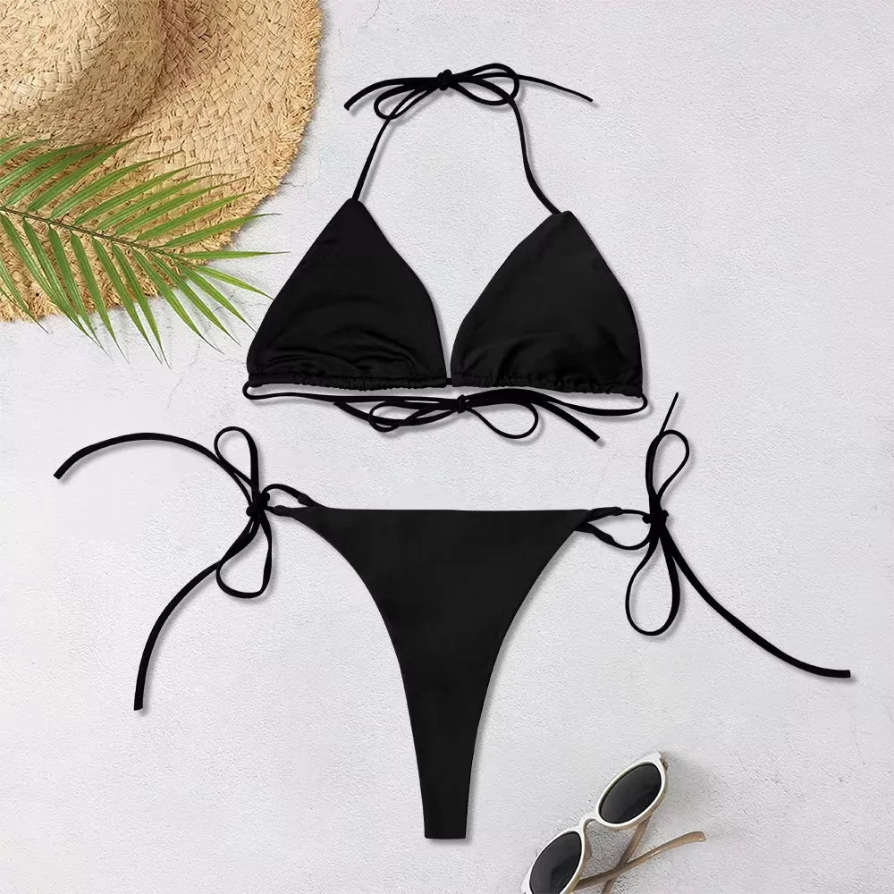 👙 2025 Sexy Lace-Up Halter Bikini Set | بكيني نسائي ثلاثي القطع بصيف 2025 – تصميم هالتر جريء بربطات قابلة للتعديل